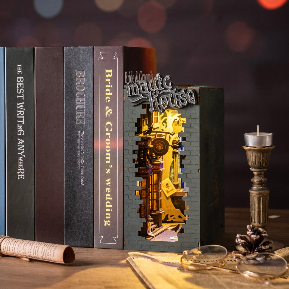 Robotime Rolife Magic House DIY Book Nook Kit — angled close-up