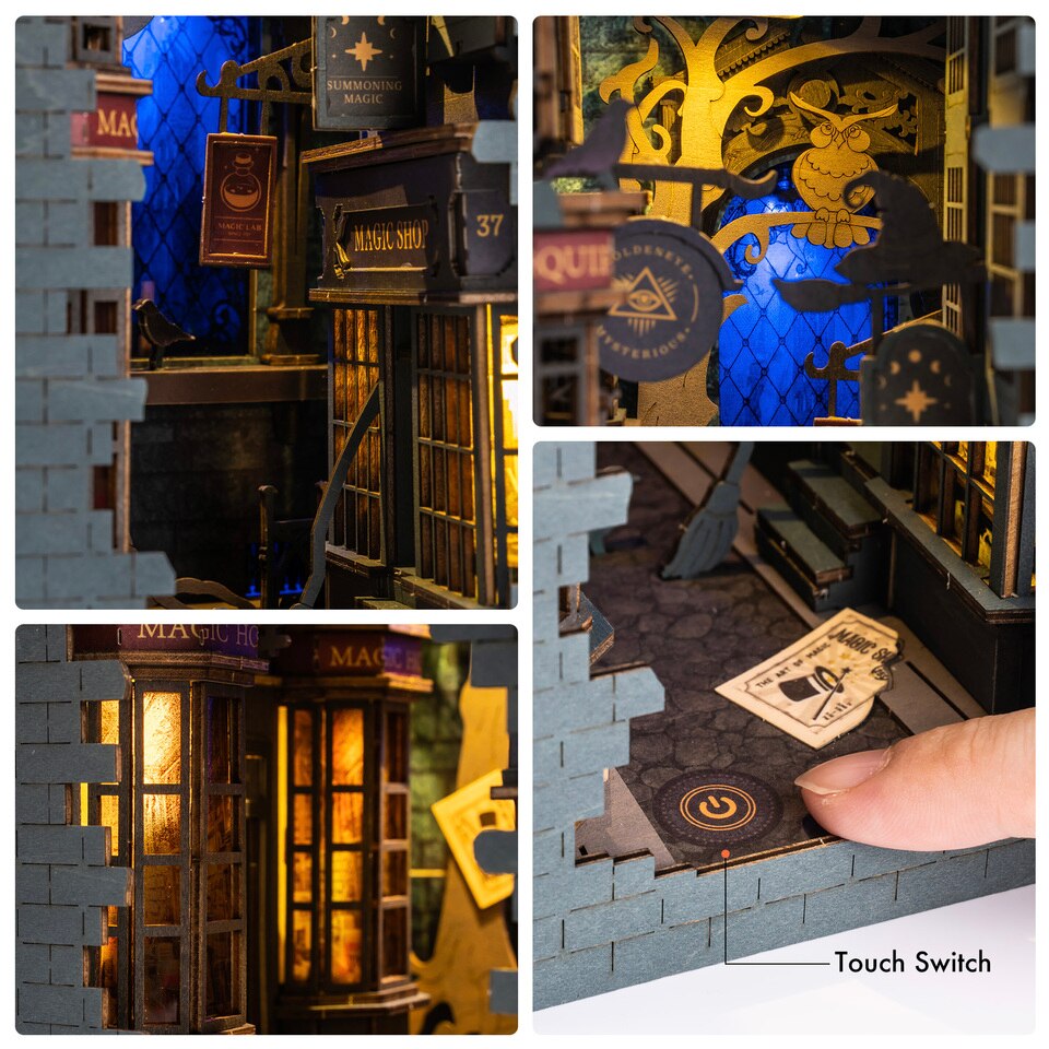 Robotime Rolife Magic House DIY Book Nook Kit — box and pieces
