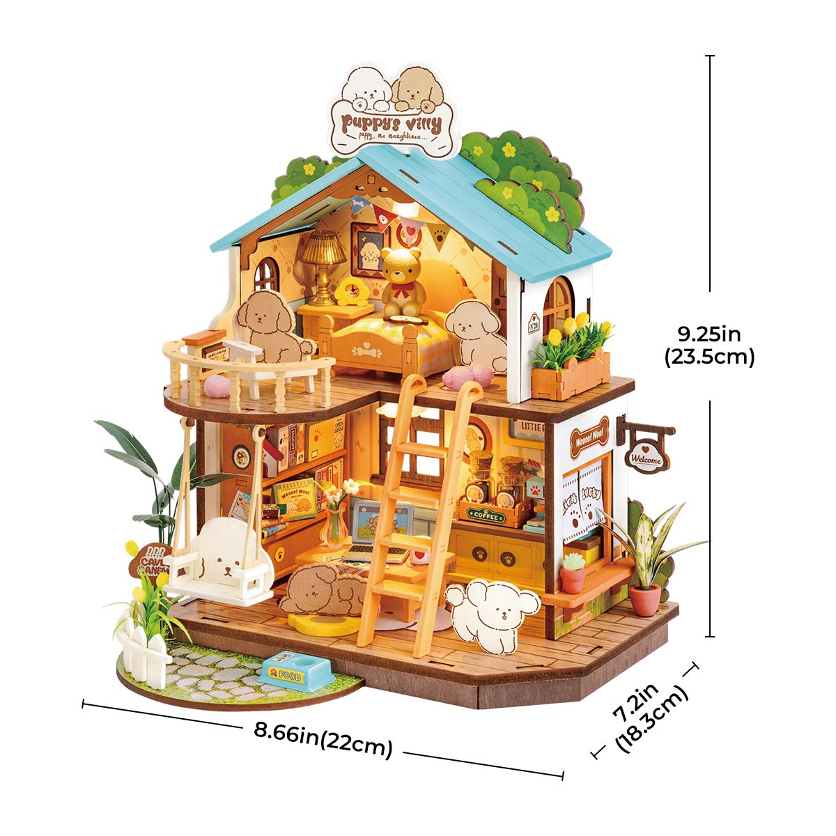 Robotime Rolife Puppys Cozy Villa DIY Dollhouse — open display view