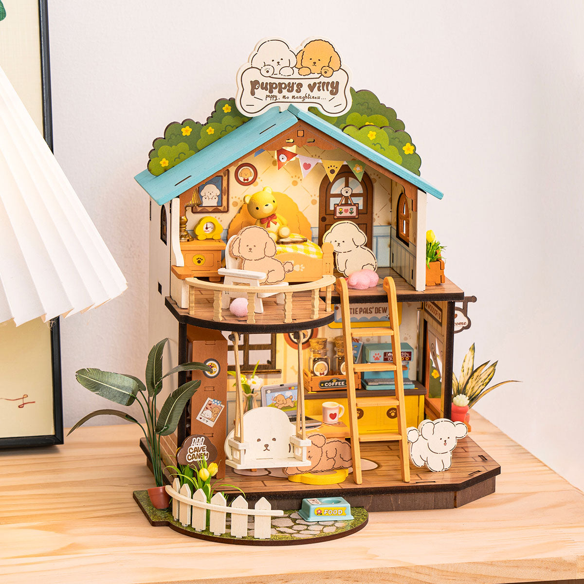 Robotime Rolife Puppys Cozy Villa DIY Dollhouse — angled close-up