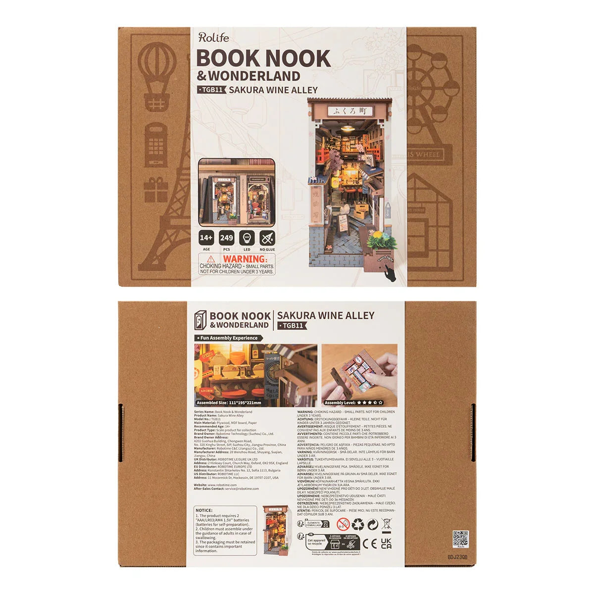 Robotime Rolife Sakura Wine Alley DIY Book Nook Kit — box and pieces