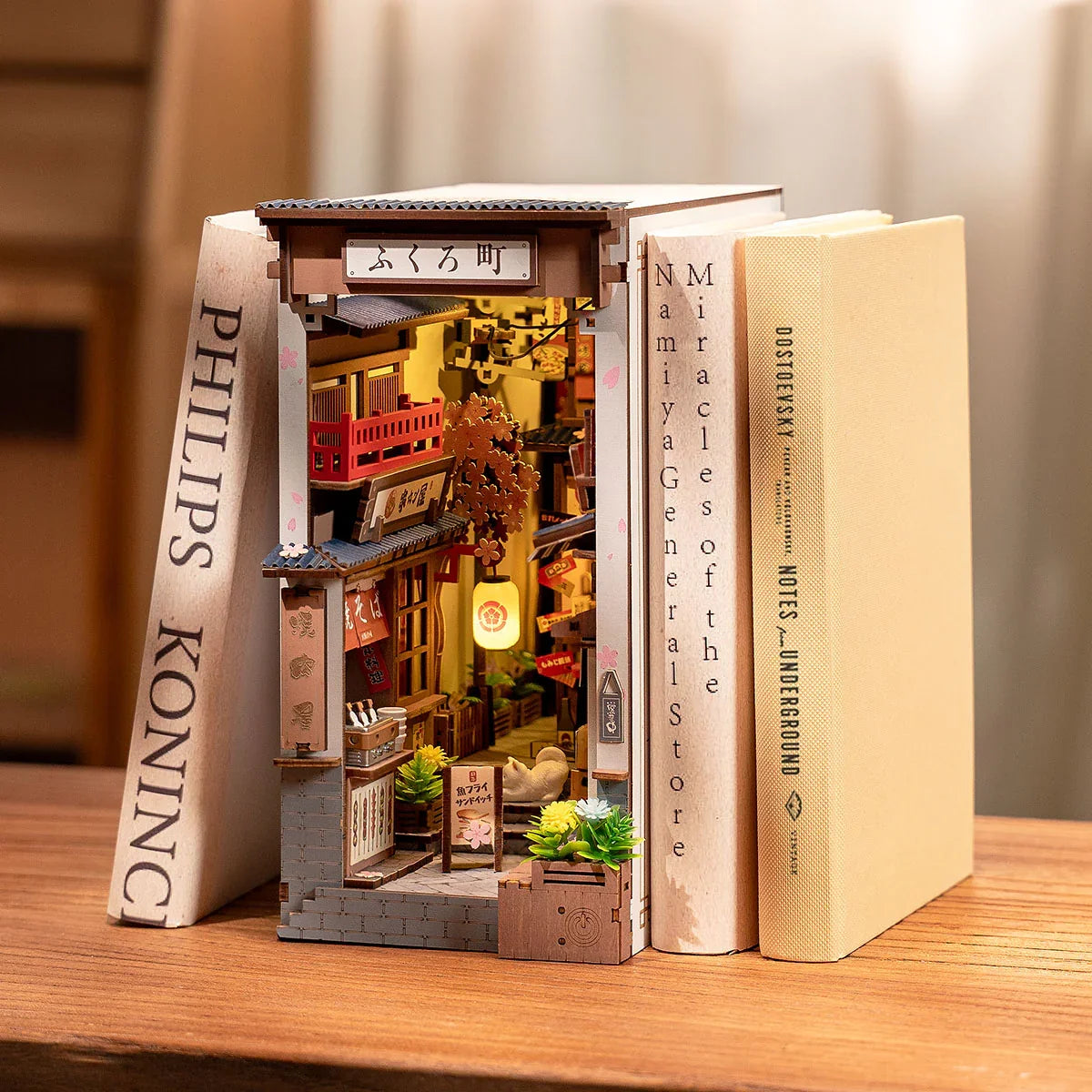 Robotime Rolife Sakura Wine Alley DIY Book Nook Kit — open display view