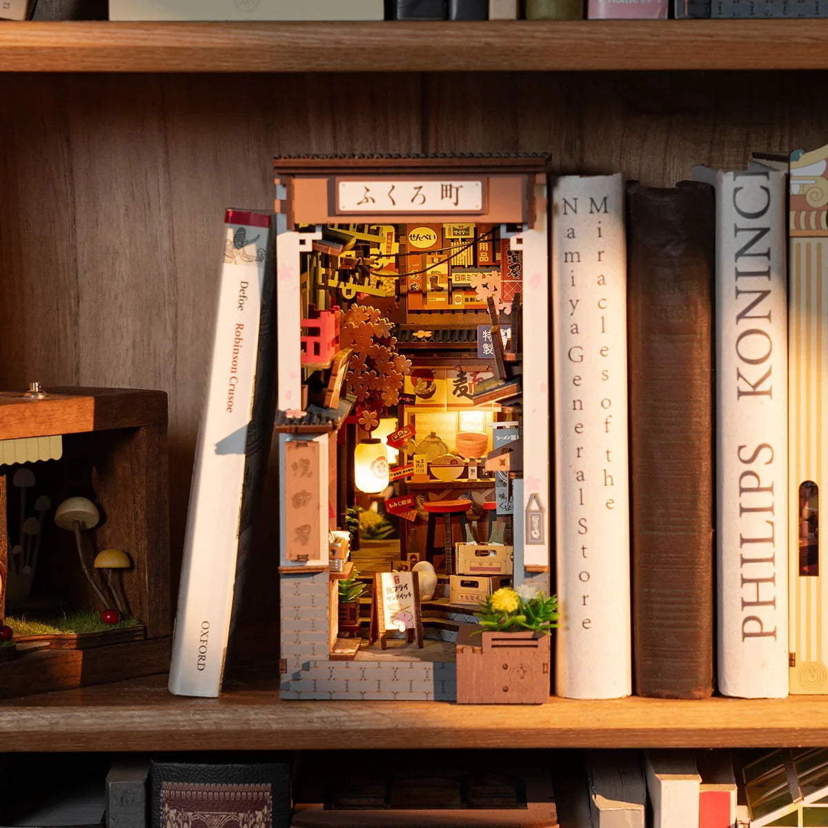 Robotime Rolife Sakura Wine Alley DIY Book Nook Kit — angled close-up