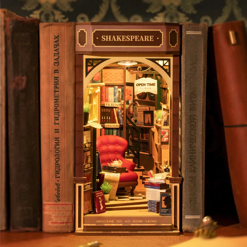 Robotime Rolife Shakespeare And Company DIY Book Nook — angled close-up