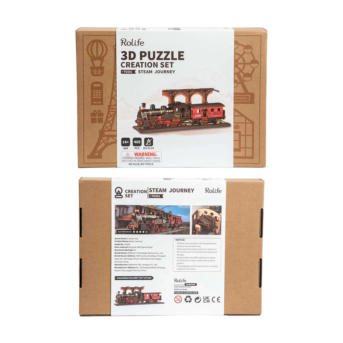 Robotime Rolife Steam Journey Wooden Puzzle — box and pieces