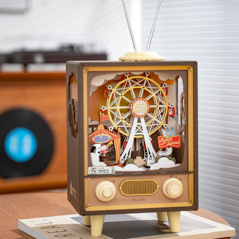 Robotime Rolife Sunset Carnival Music Box Kit — open display view