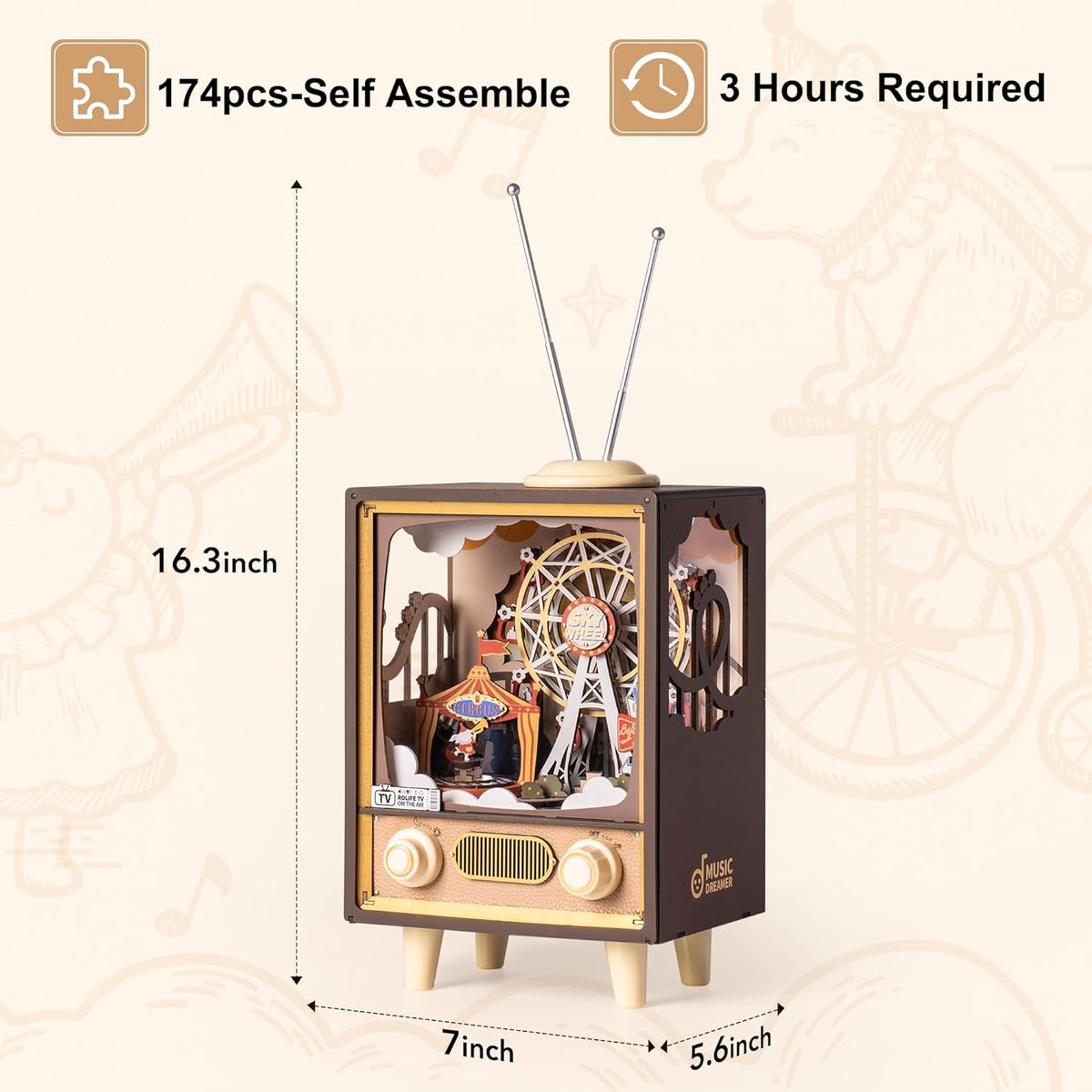 Robotime Rolife Sunset Carnival Music Box Kit — box and pieces