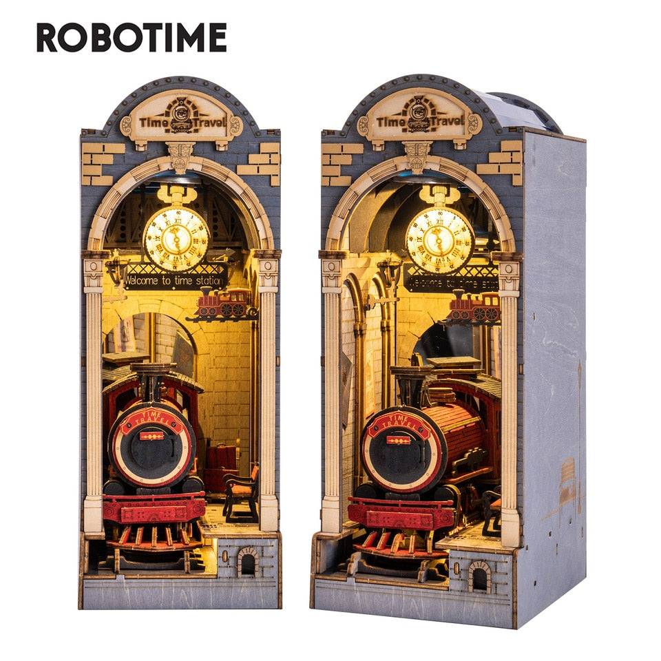 Robotime Rolife Time Travel DIY Book Nook Kit — open display view
