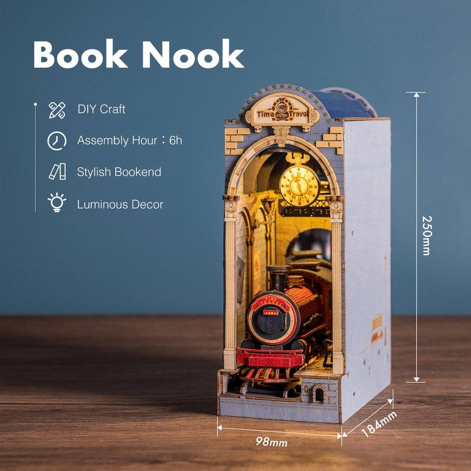 Robotime Rolife Time Travel DIY Book Nook Kit — box and pieces