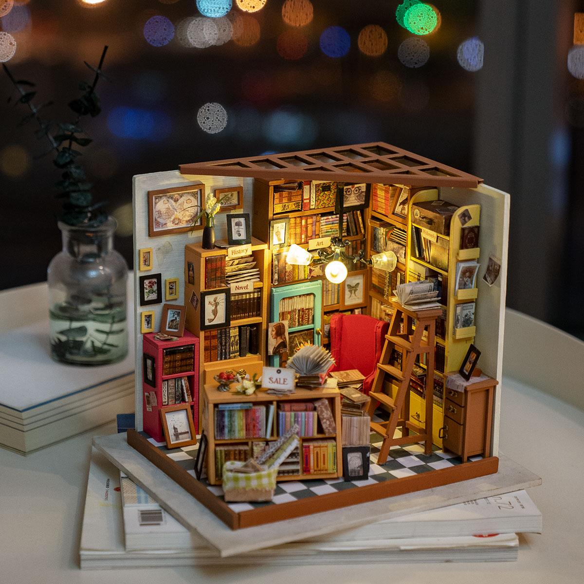 Robotime Sams Study DIY Dollhouse Kit — open display view