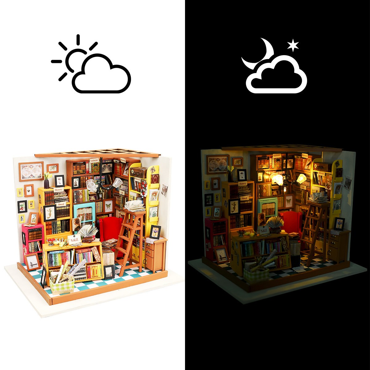 Robotime Sams Study DIY Dollhouse Kit — angled close-up