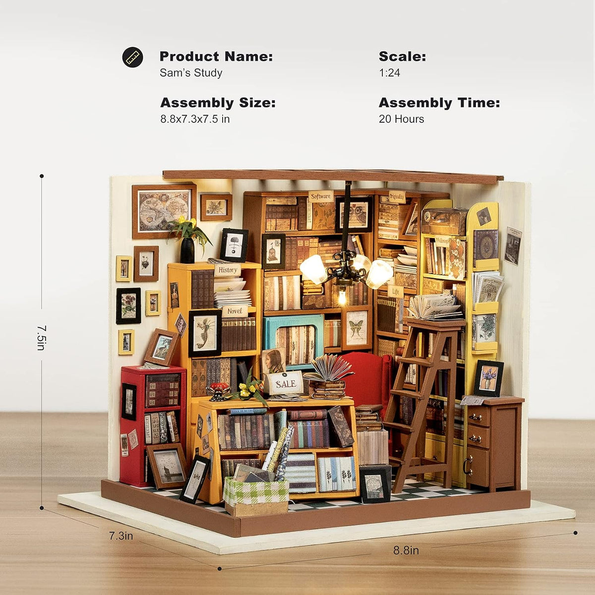 Robotime Sams Study DIY Dollhouse Kit — detalied side view
