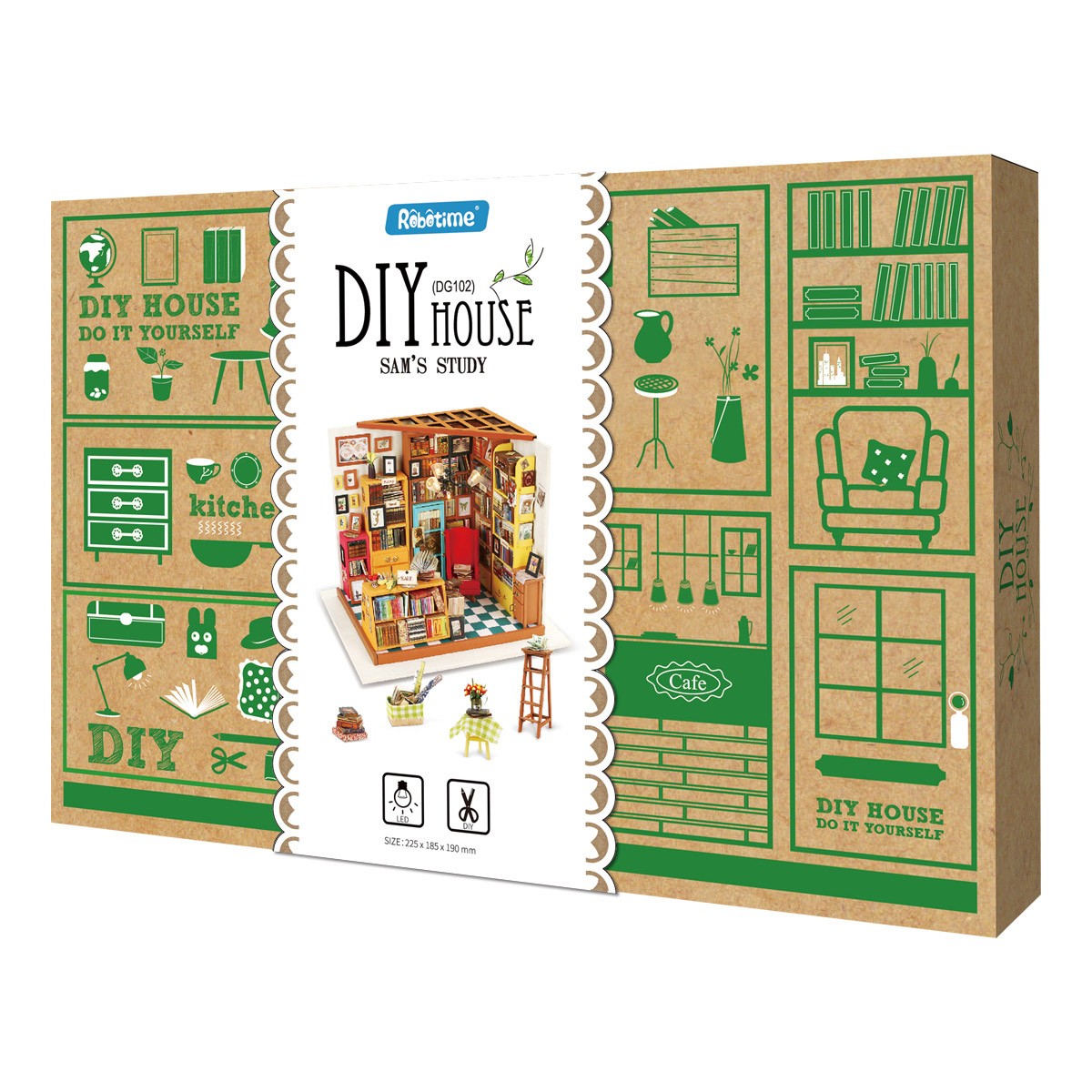 Robotime Sams Study DIY Dollhouse Kit — open display view
