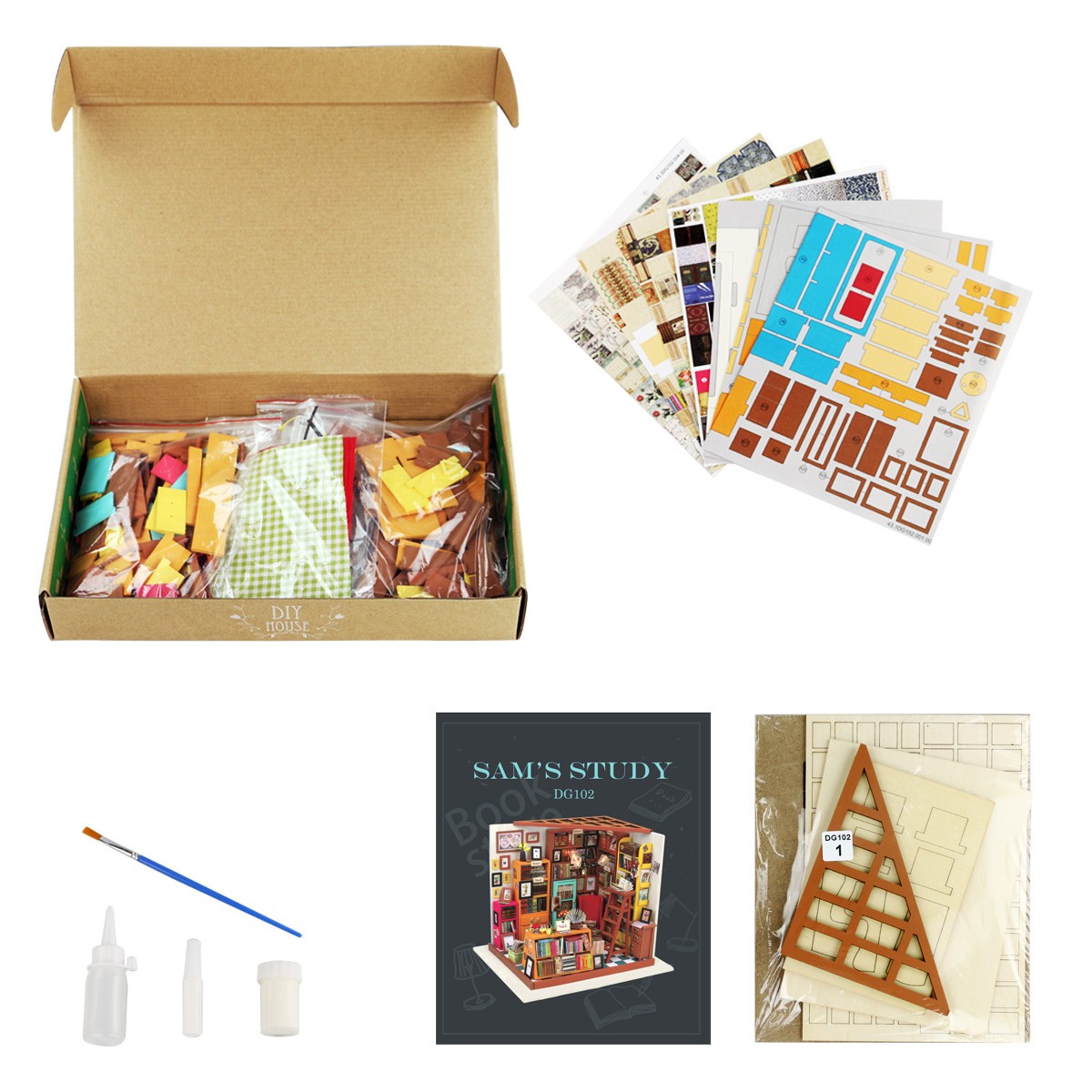 Robotime Sams Study DIY Dollhouse Kit — angled close-up
