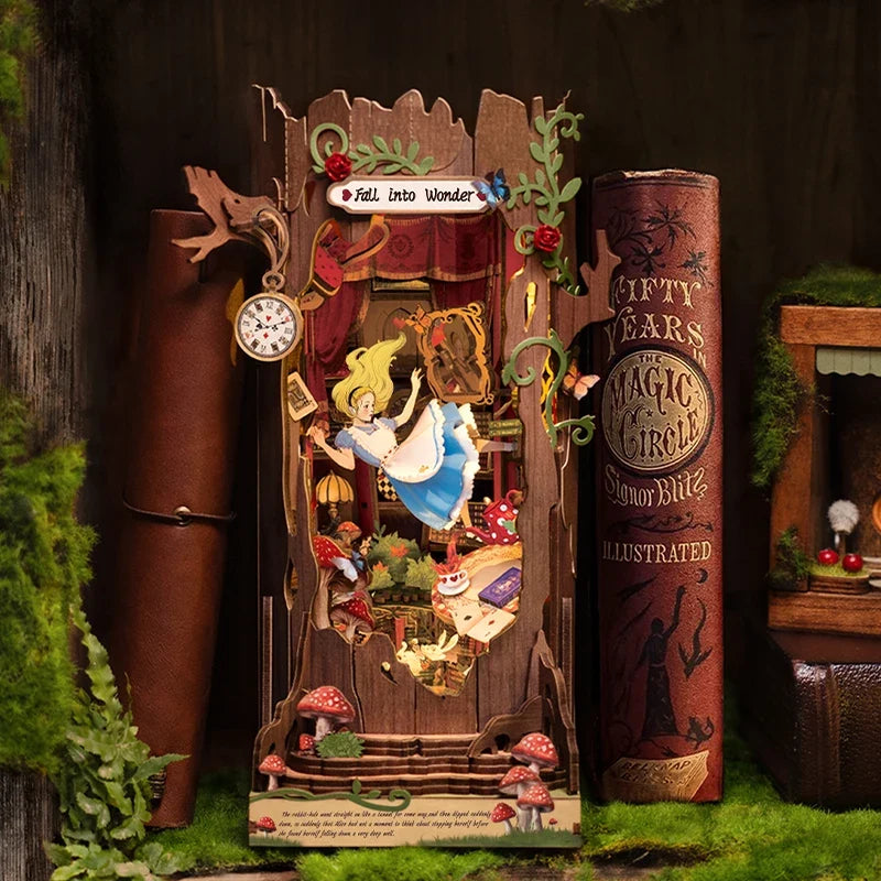 Rolife Alice In Fall Into Wonder Alice In Wonderland Inspired Book Nook Kit — open display view