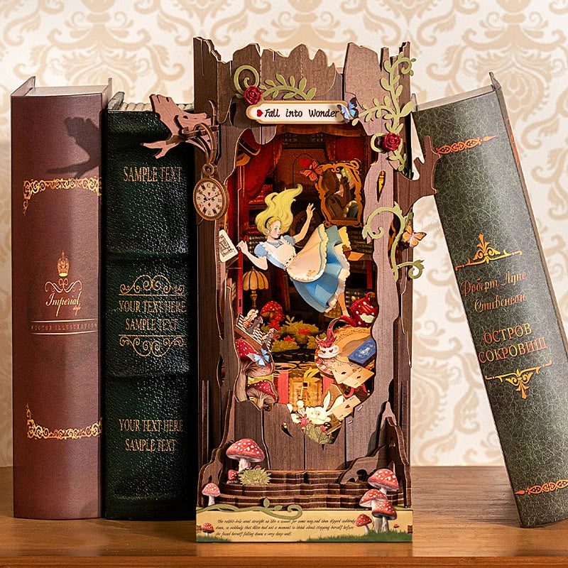 Rolife Alice In Fall Into Wonder Alice In Wonderland Inspired Book Nook Kit — angled close-up