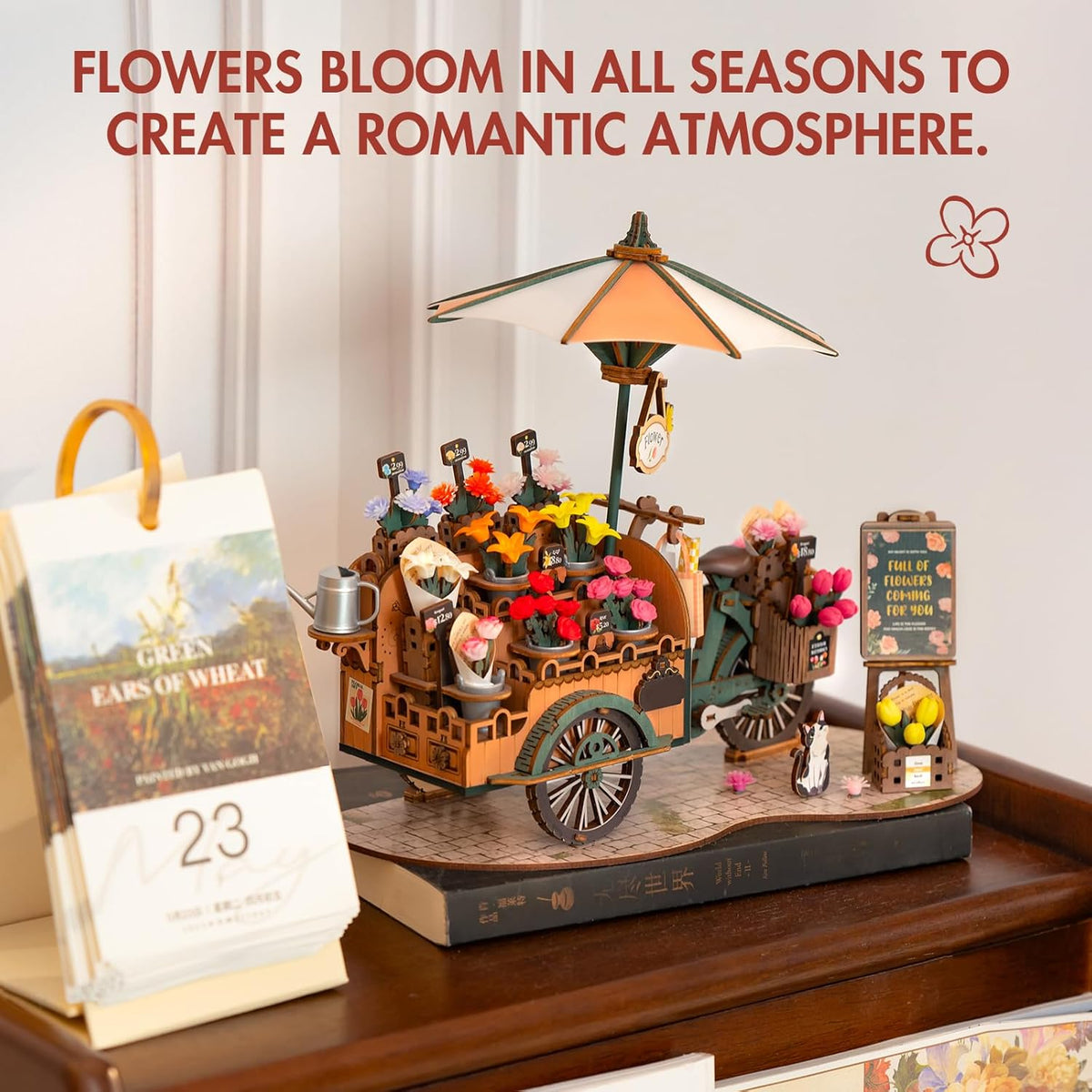 Rolife Blossom Cart DIY Wooden Puzzle — open display view