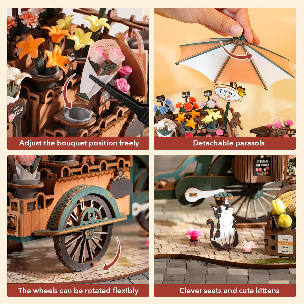 Rolife Blossom Cart DIY Wooden Puzzle — front angle