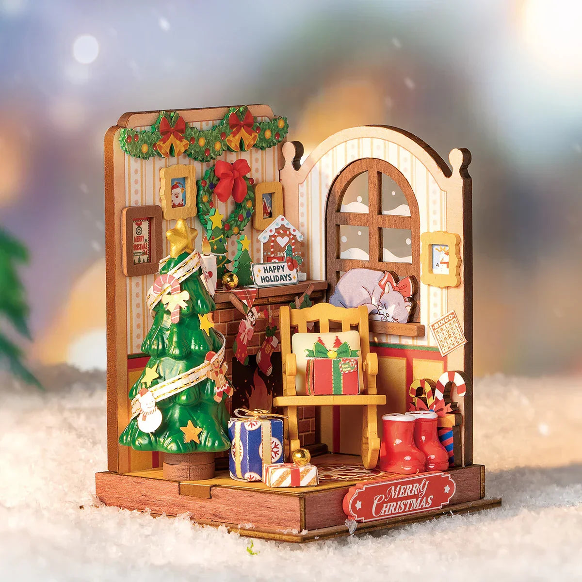 Rolife Christmas Fireplace DIY Miniature Dollhouse Kit — detalied side view