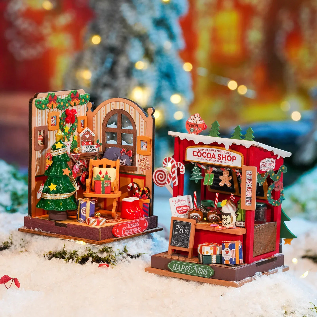 Rolife Christmas Fireplace DIY Miniature Dollhouse Kit — open display view