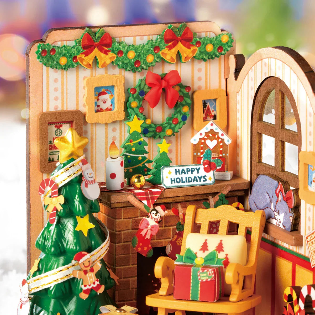 Rolife Christmas Fireplace DIY Miniature Dollhouse Kit — angled close-up