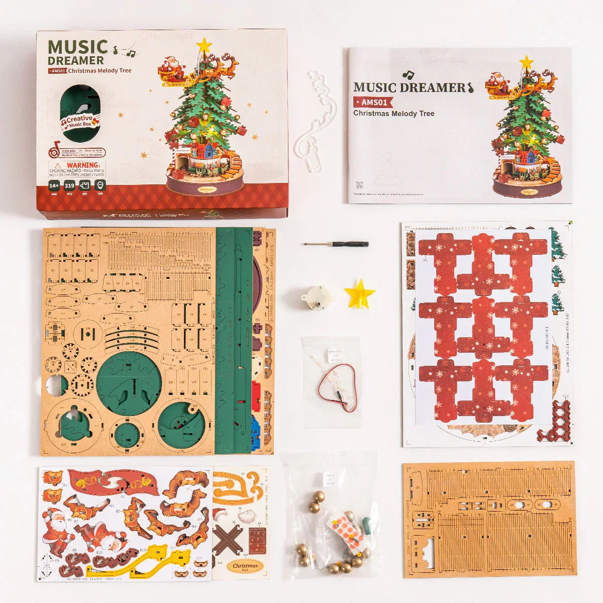 Rolife Christmas Melody Tree Music Dreamer DIY Music Box — box and pieces