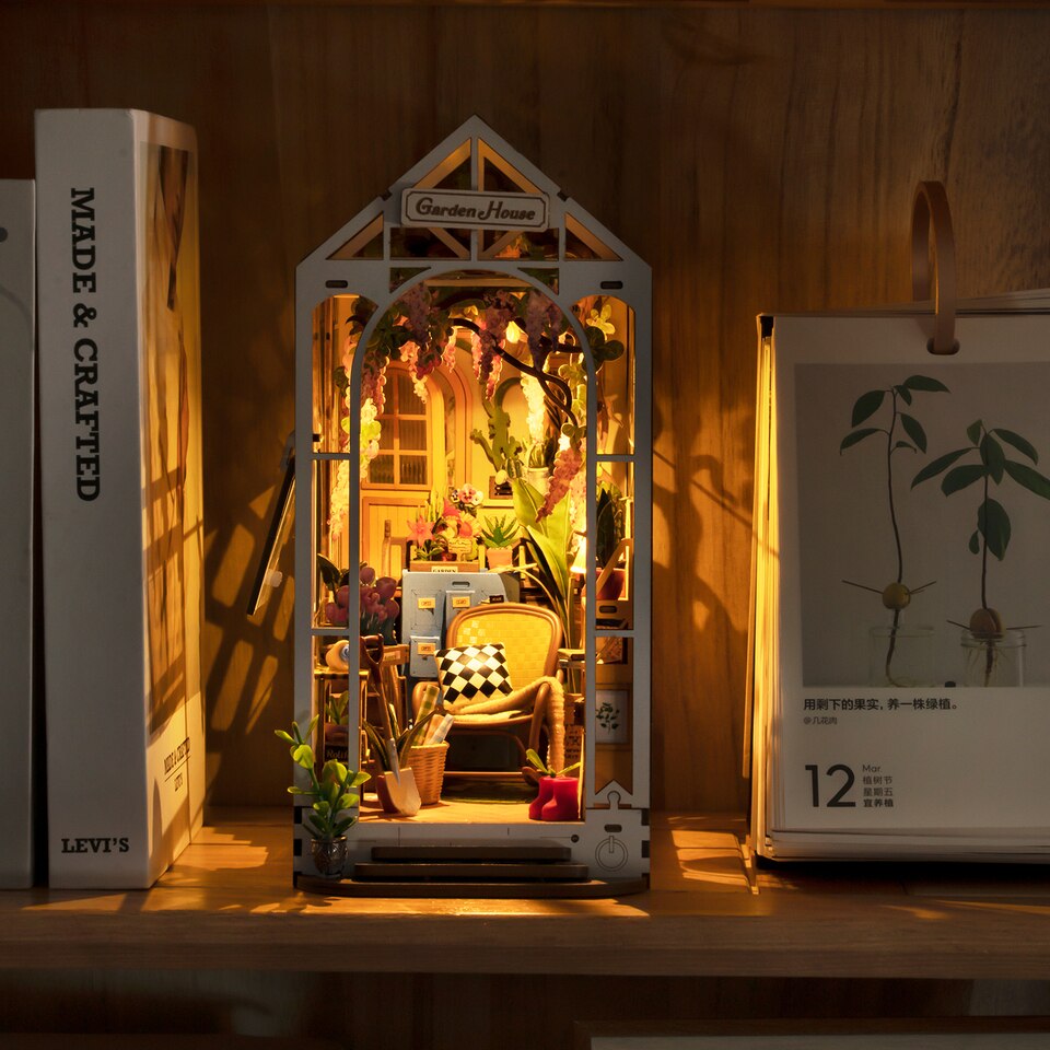 Robotime Rolife Garden House DIY Book Nook Kit — open display view