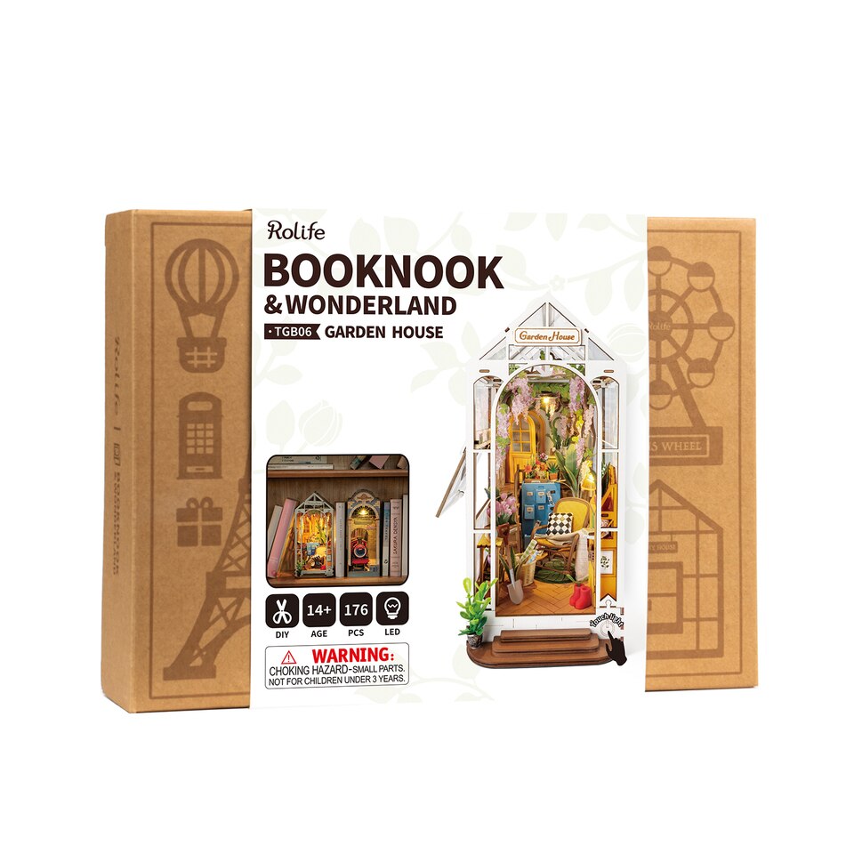 Robotime Rolife Garden House DIY Book Nook Kit — box and pieces