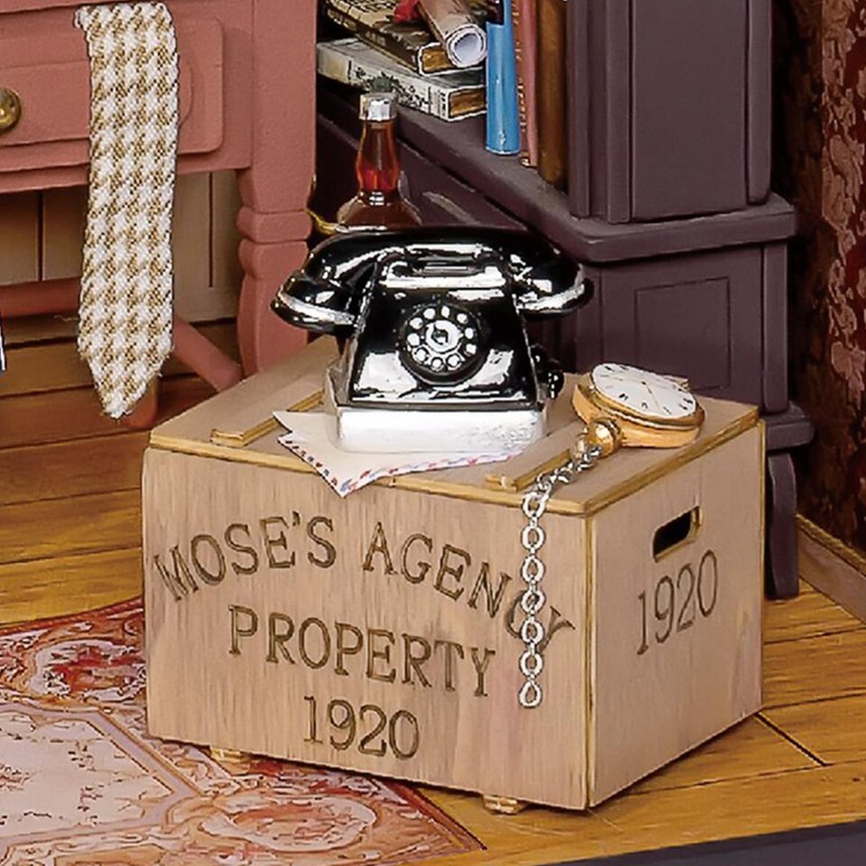 Rolife Moses Detective Agency DIY Dollhouse Kit — angled close-up