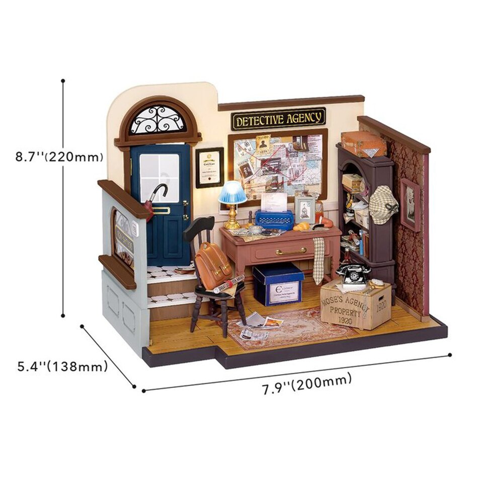 Rolife Moses Detective Agency DIY Dollhouse Kit — box and pieces