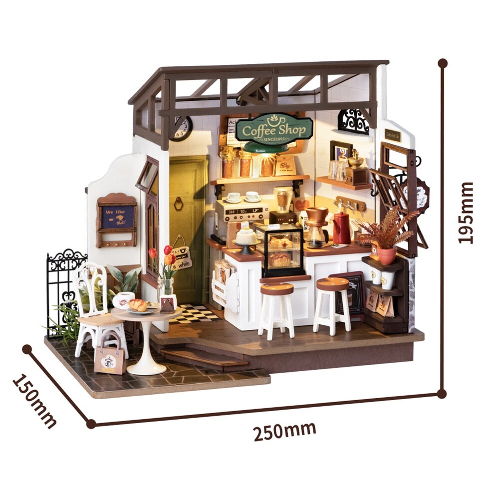 Rolife No 17 Cafe DIY Dollhouse Kit — box and pieces
