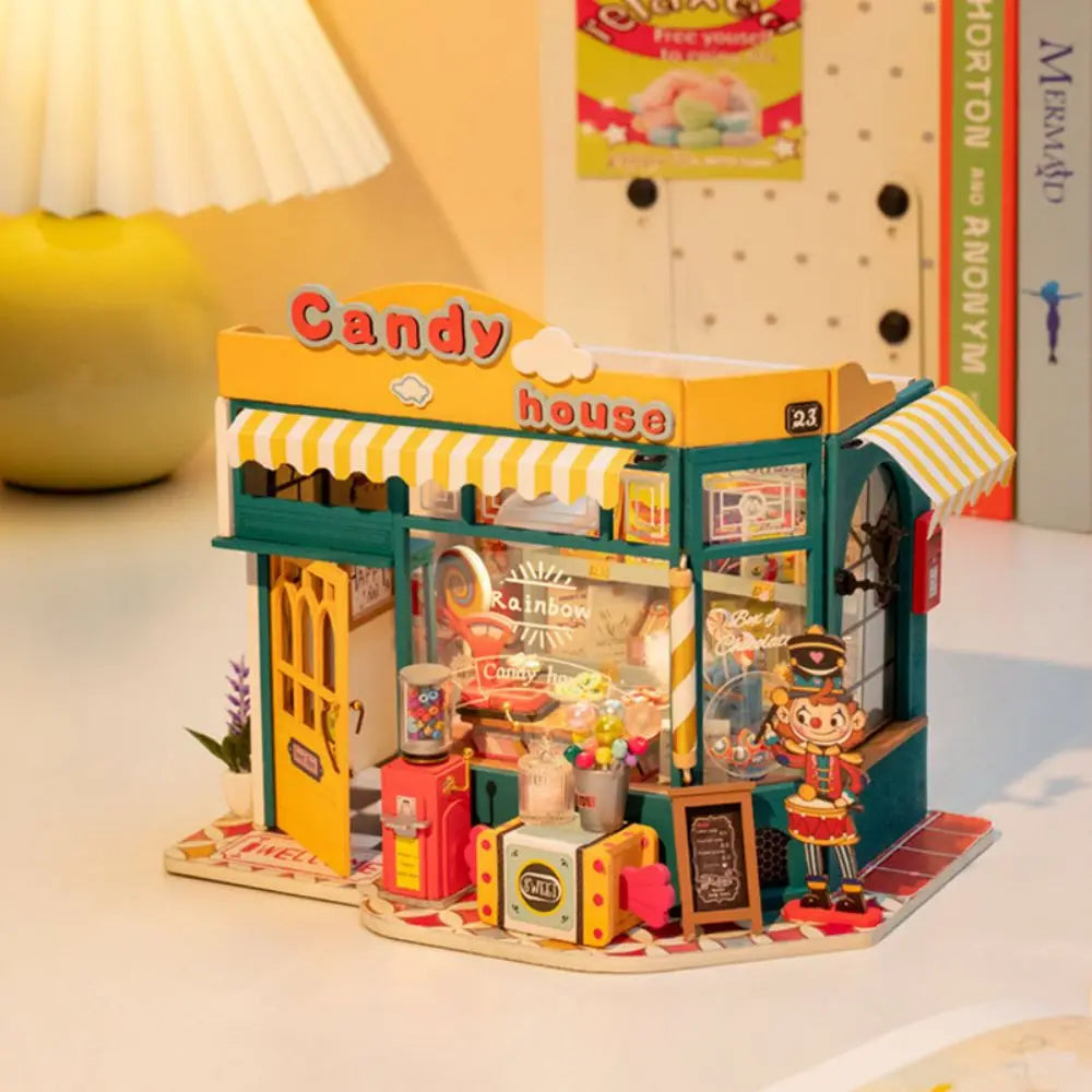 Rolife Rainbow Candy House DIY Dollhouse Kit — open display view