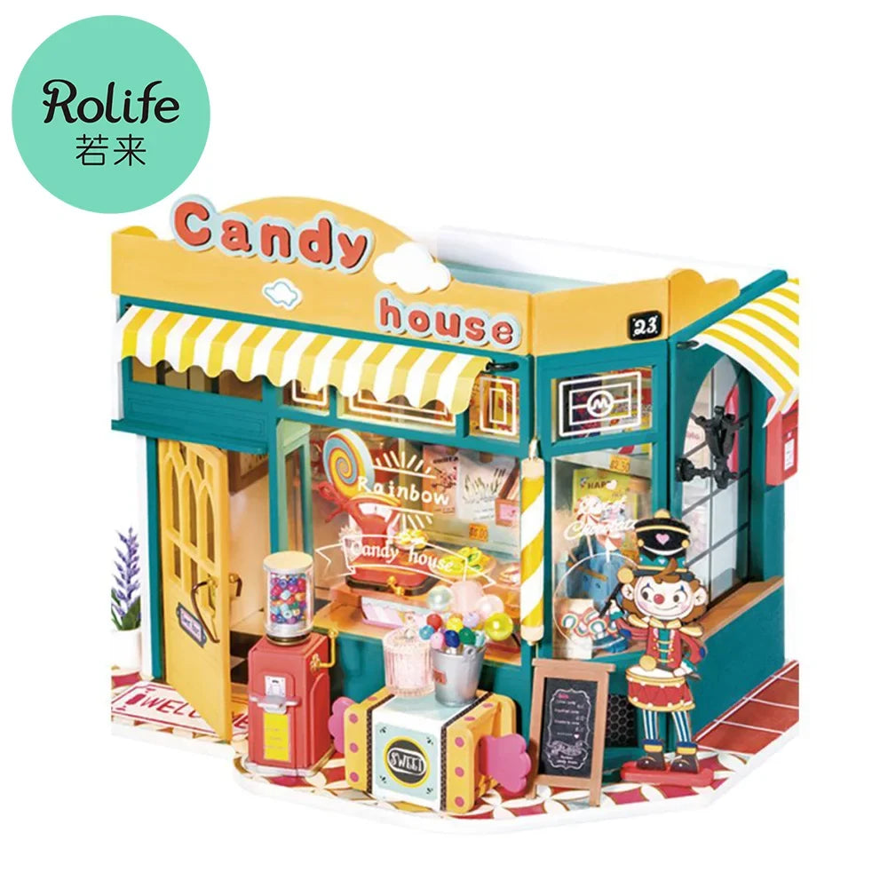 Rolife Rainbow Candy House DIY Dollhouse Kit — box and pieces