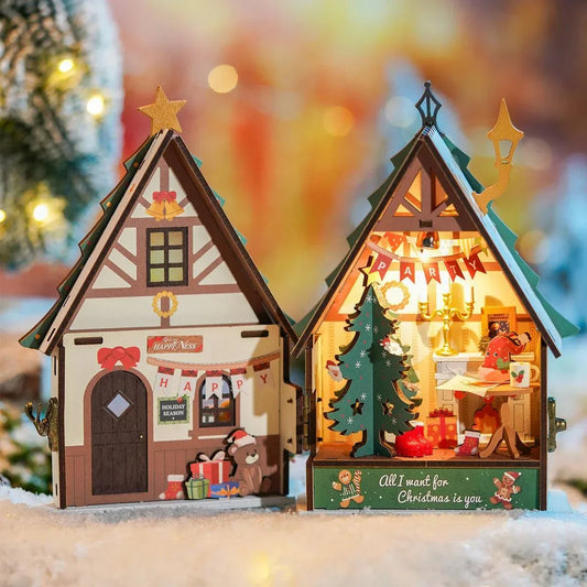 Rolife Twinkling Christmas House DIY Miniature Dollhouse Kit — detalied side view