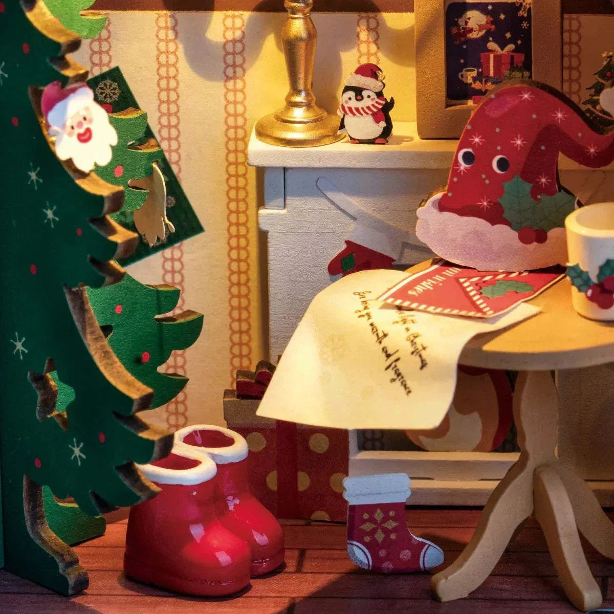 Rolife Twinkling Christmas House DIY Miniature Dollhouse Kit — open display view