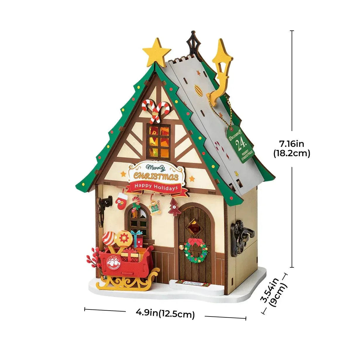 Rolife Twinkling Christmas House DIY Miniature Dollhouse Kit — box and pieces