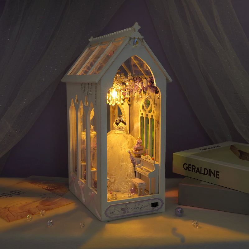 Romantic Wedding Dress DIY Book Nook Kit — angled close-up