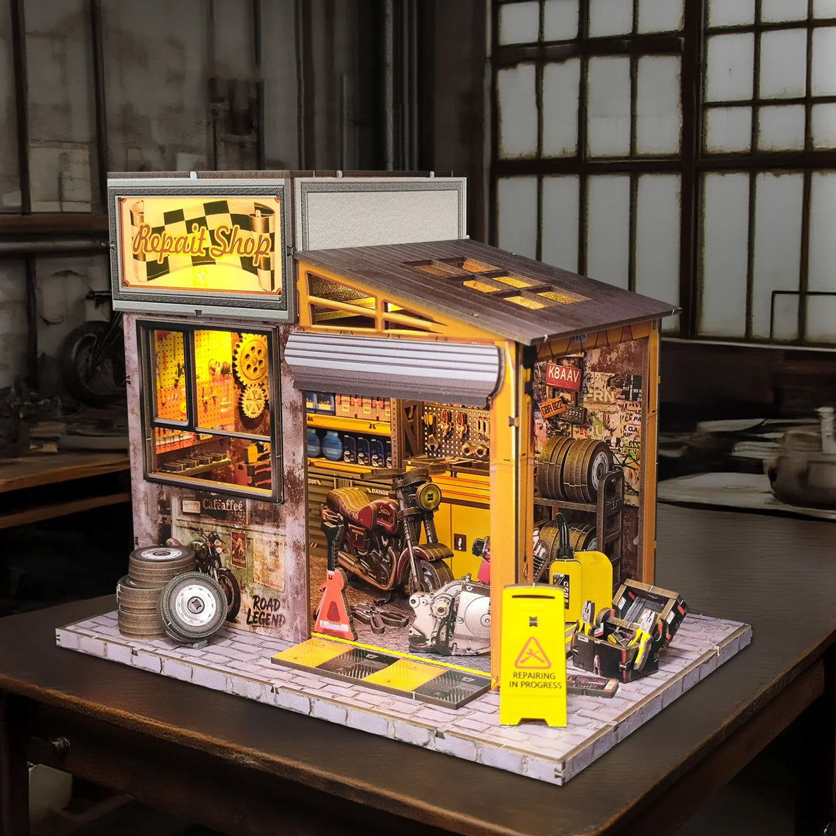 Motorcycle Repair Shop DIY Miniature House Kit — open display view