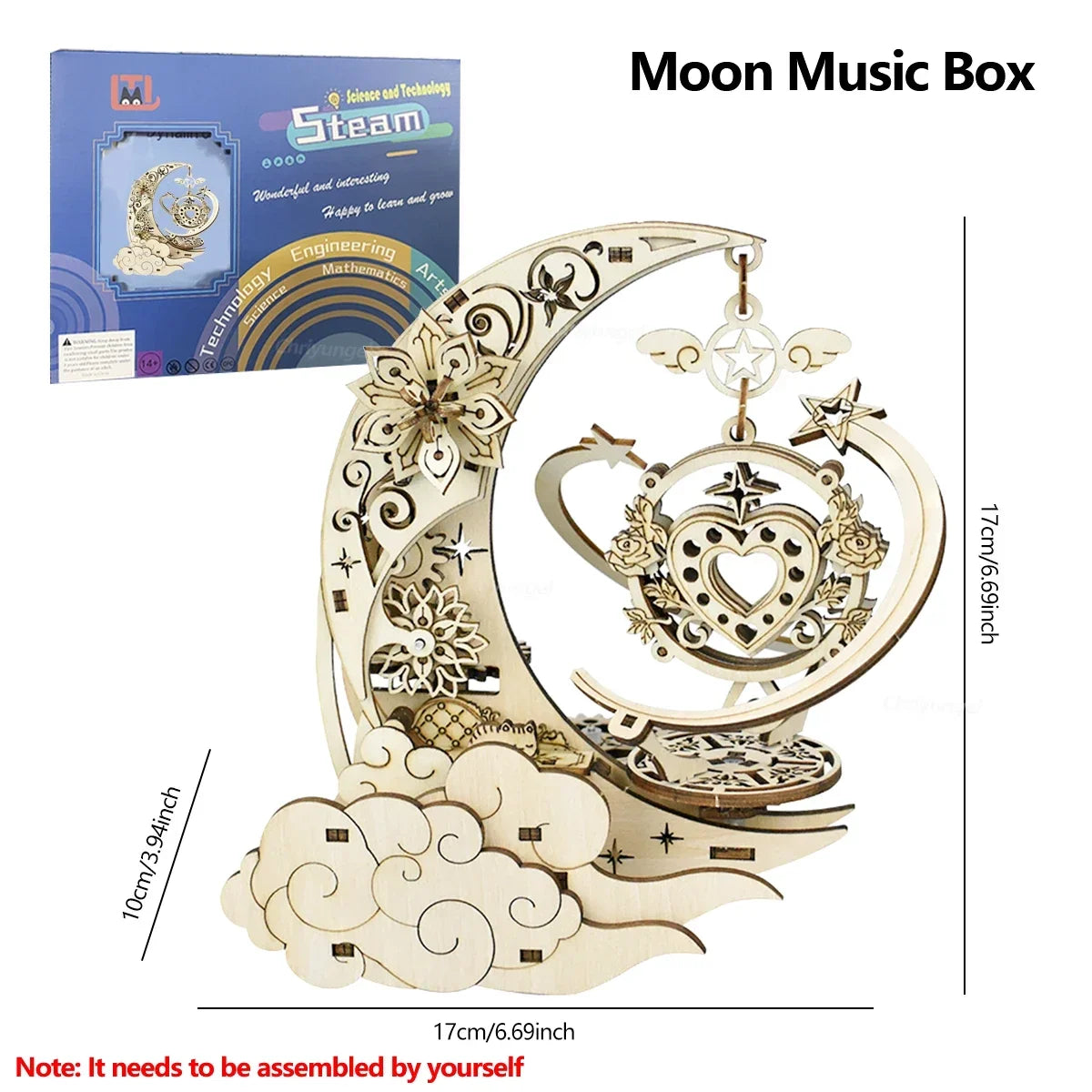Moon & Star Music Box Wooden Puzzle — box and pieces