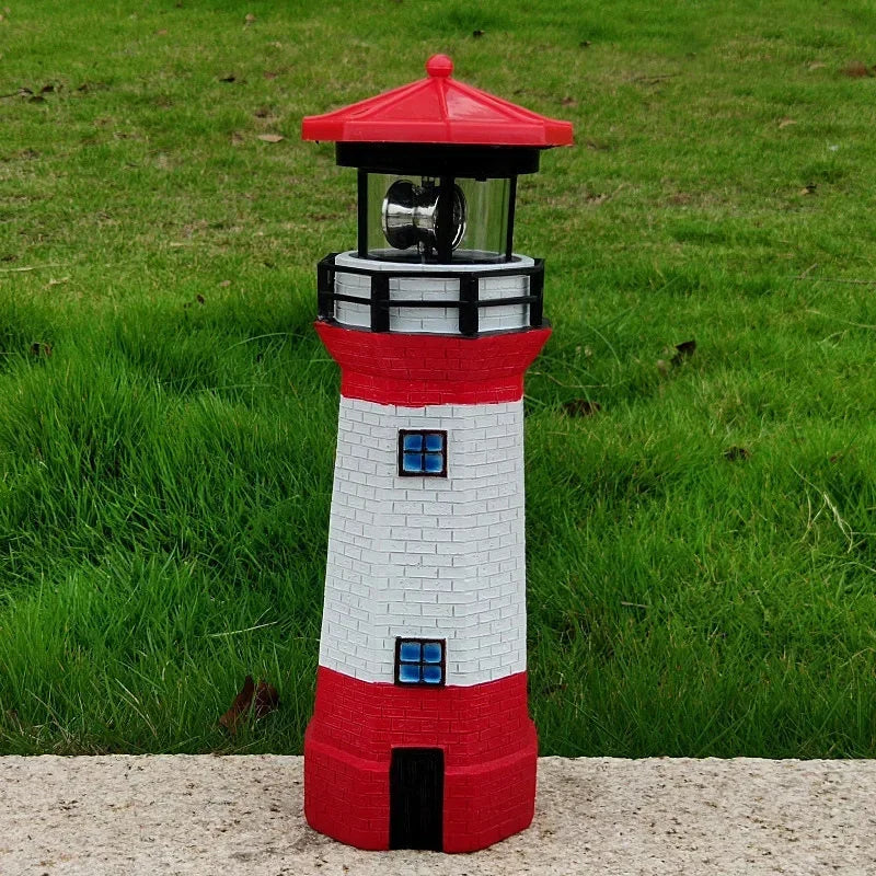 Solar Rotating Lighthouse Resin Garden Sculpture — angled close-up