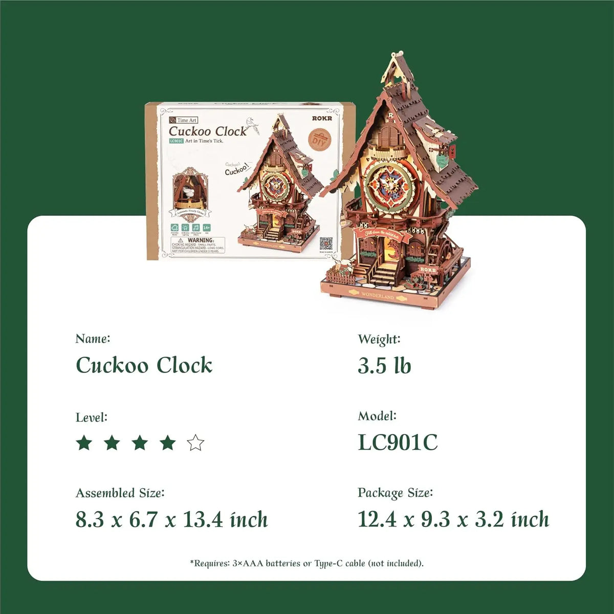 Robotime Rokr Black Forest Cuckoo Clock Kit – Working Bird & LED — scene view