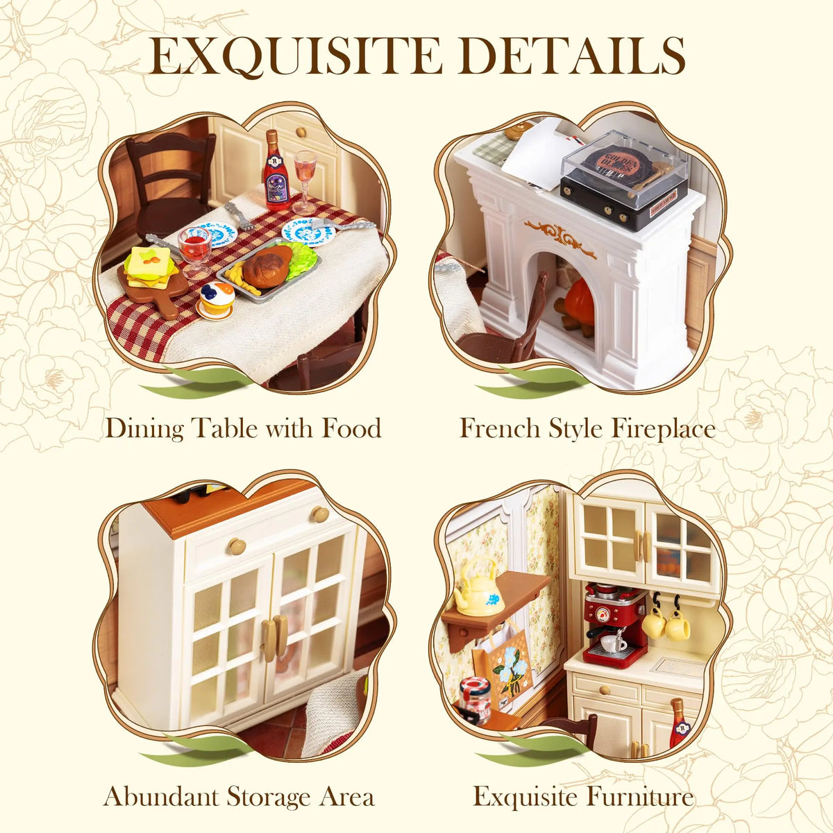 Robotime Warm Dining Room DIY Miniature House Kit — open display view