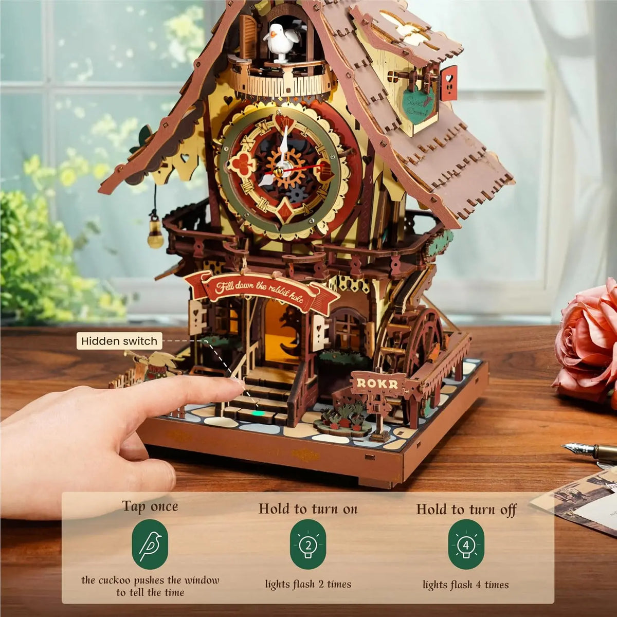 Robotime Rokr Black Forest Cuckoo Clock Kit – Working Bird & LED — angled close-up