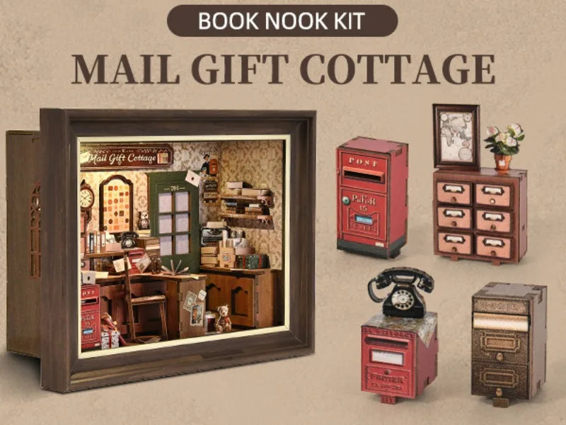 Mail Gift Cottage DIY Book Nook Kit — box and pieces