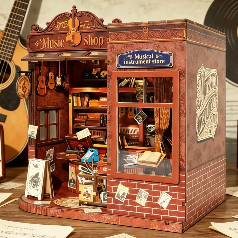 Vintage Musical Instrument Store DIY Book Nook Kit — angled close-up