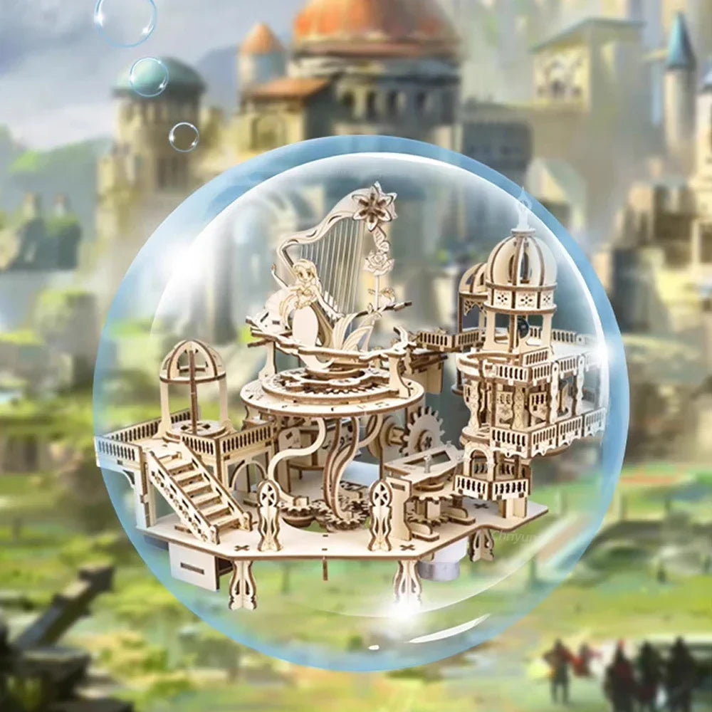Mystery Island Music Box 3D Wooden Puzzle Kit with Light — angled close-up