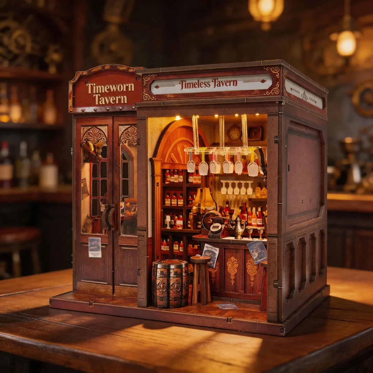 Timeworn Tavern DIY Book Nook Kit with Light — open display view