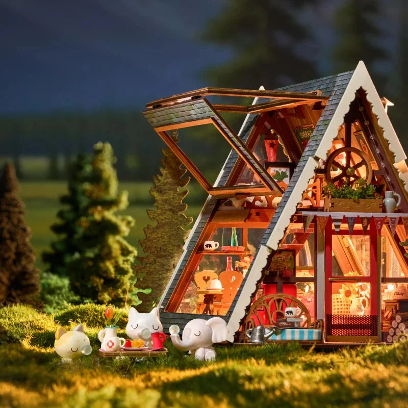 Rolife A-Frame Cabin DIY Miniature House Kit — angled close-up