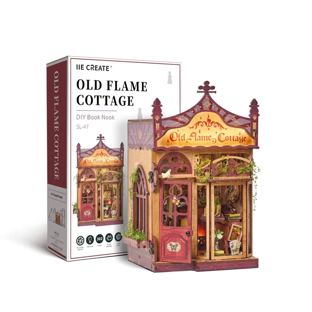 Old Flame Cottage DIY Book Nook Kit — box and pieces