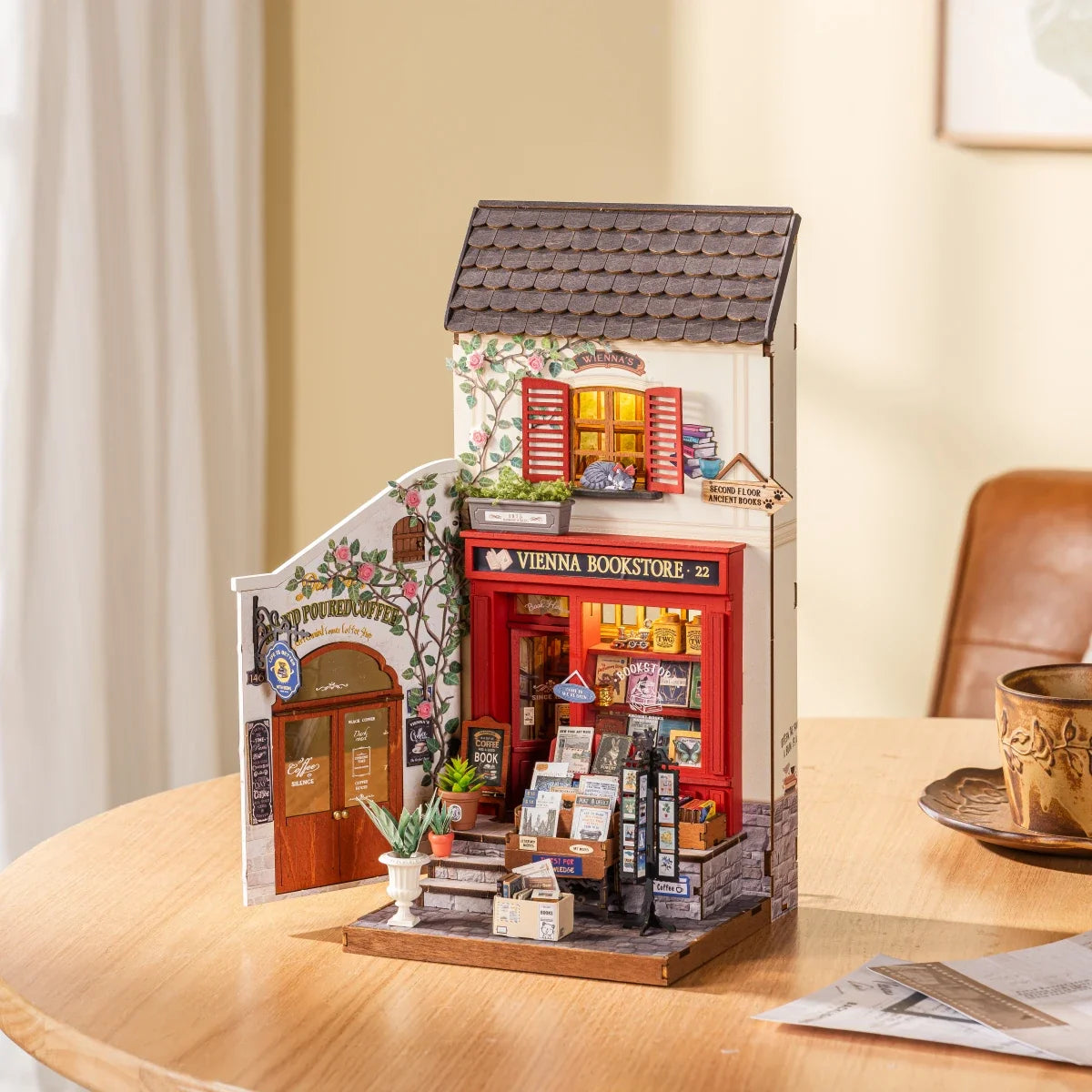 Rolife Vienna Bookstore DIY Miniature House Kit — detalied side view
